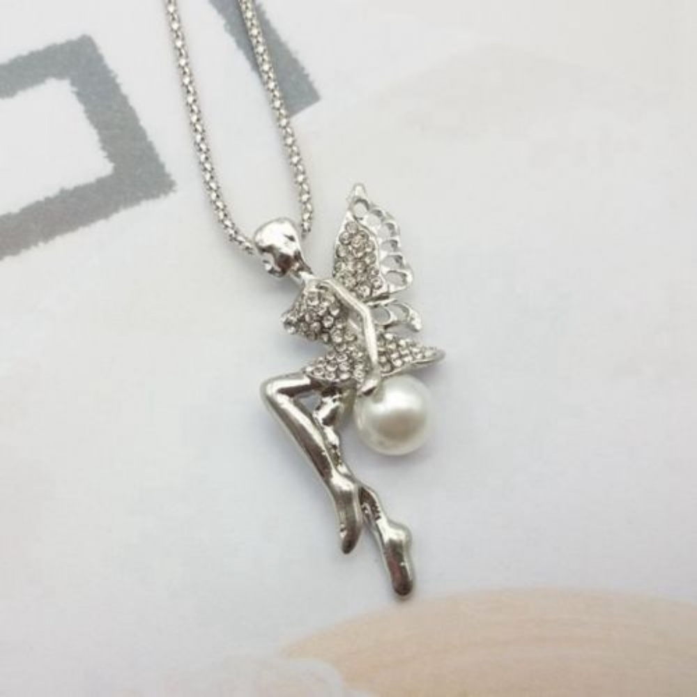 New Fairy‎ Angel Wing Crystal Pearl Necklace Silver